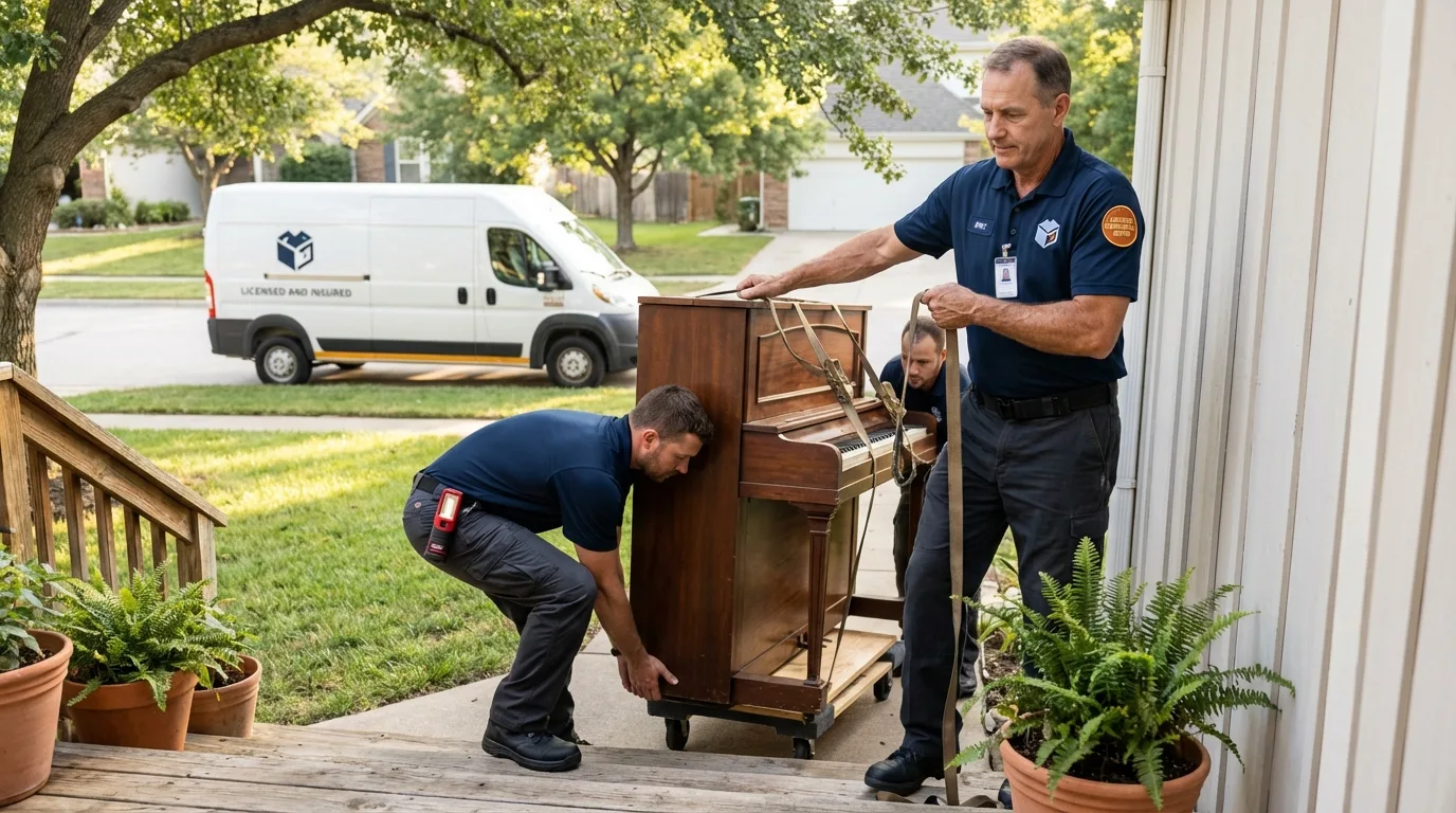 Licensed piano movers securing grand piano in Sabana Seca, PR