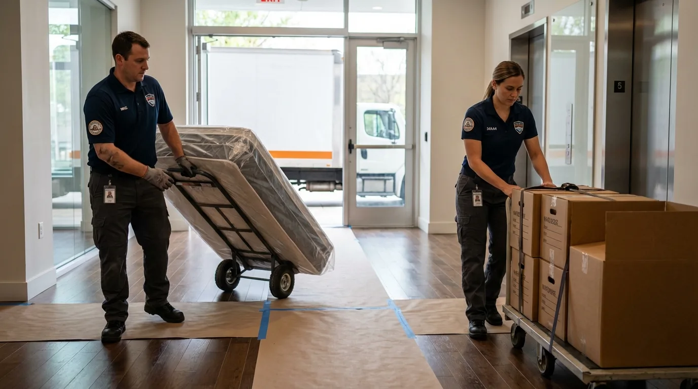 Professional apartment movers loading elevator in Sabana Seca, PR